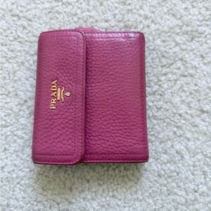 Prada Pebbled Leather Card Holder Wallet in Berry